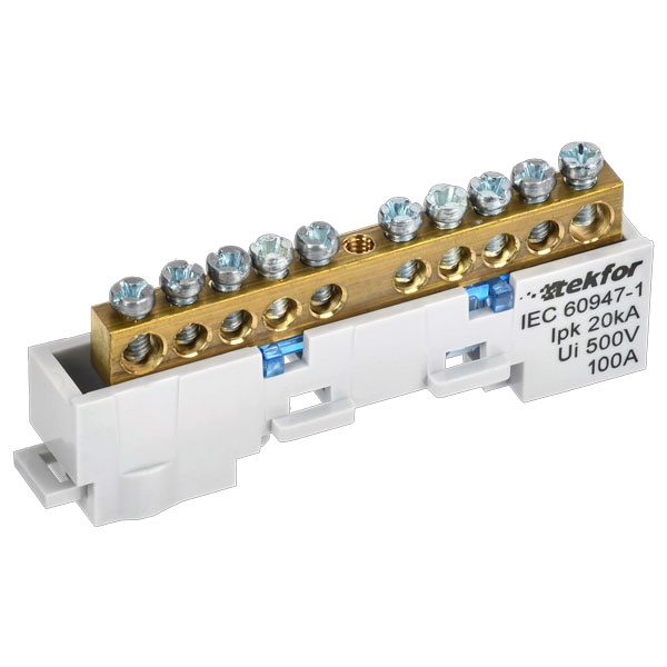 Шина ИЭК N (ноль) Tekfor 6х9-10-С 6х9мм 10 выводов неизолированная на держателе синий