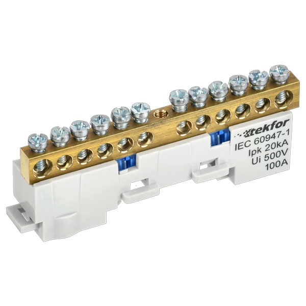 Шина ИЭК N (ноль) Tekfor 6х9-12-С 6х9мм 12 выводов неизолированная на держателе синий