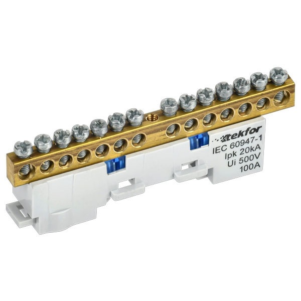 Шина ИЭК N (ноль) Tekfor 6х9-14-С 6х9мм 14 выводов неизолированная на держателе синий