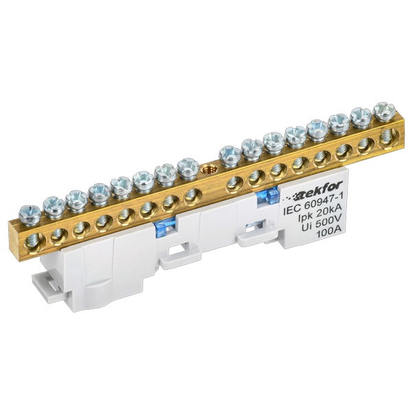 Шина ИЭК L (ноль) Tekfor 6х9-16-Ср 6х9мм 16 выводов неизолированная на держателе синий