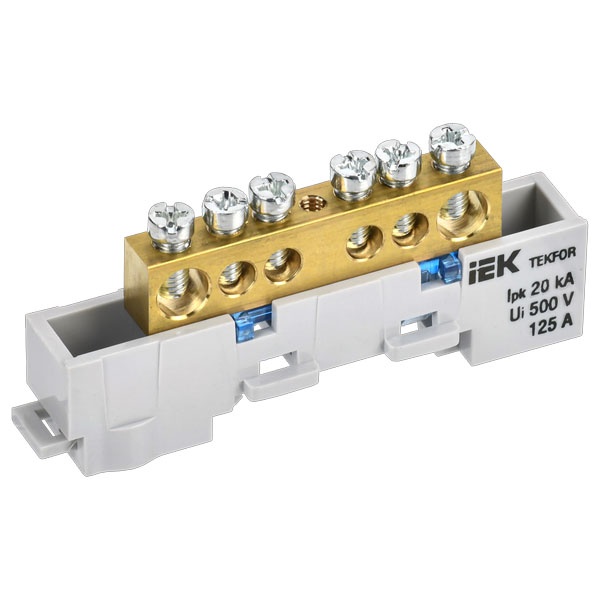 Шина ИЭК N (ноль) Tekfor 8х12-6-С 8х12мм 6 выводов неизолированная на держателе синий