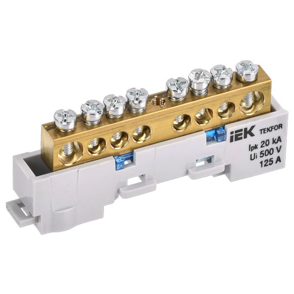 Шина ИЭК N (ноль) Tekfor 8х12-8-С 8х12мм 8 выводов неизолированная на держателе синий