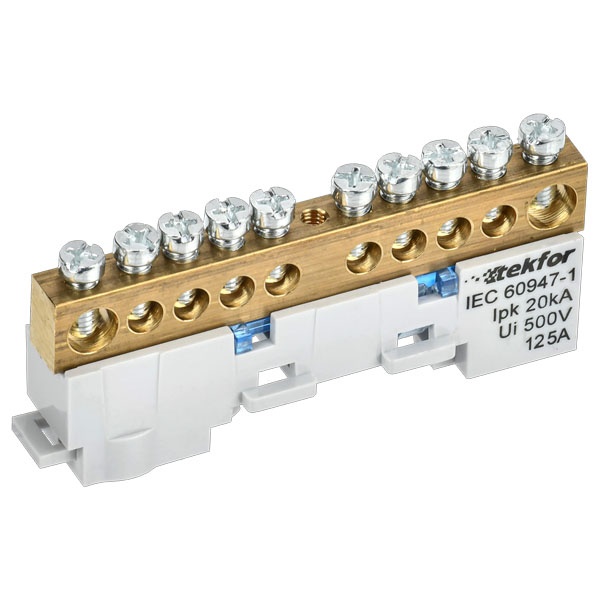 Шина ИЭК N (ноль) Tekfor 8х12-10-С 8х12мм 10 выводов неизолированная на держателе синий