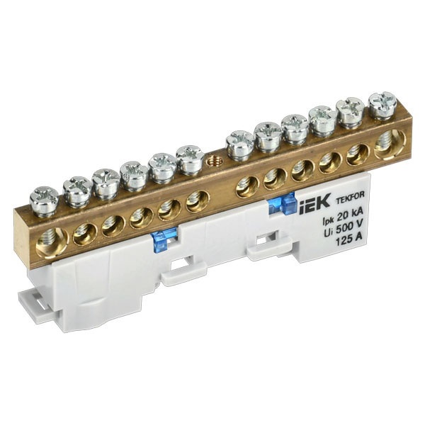 Шина ИЭК N (ноль) Tekfor 8х12-14-С 8х12мм 14 выводов неизолированная на держателе синий