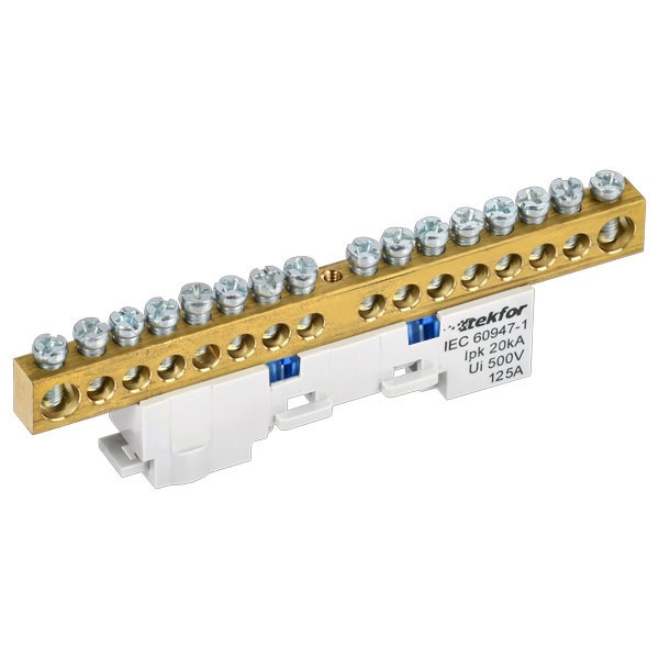 Шина ИЭК N (ноль) Tekfor 8х12-16-С 8х12мм 16 выводов неизолированная на держателе синий