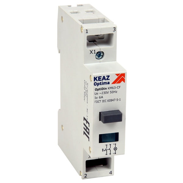 Кнопка управления с фиксацией КЭАЗ OptiDin KM63-CF-02-УХЛ3 6А 2НЗ индикатор зеленый 230AC