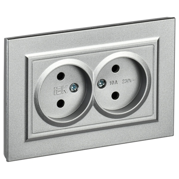 Розетка ИЭК BRITE 2х2P без заземления двойная 10А алюминий в сборе (РС12-2-БрА)