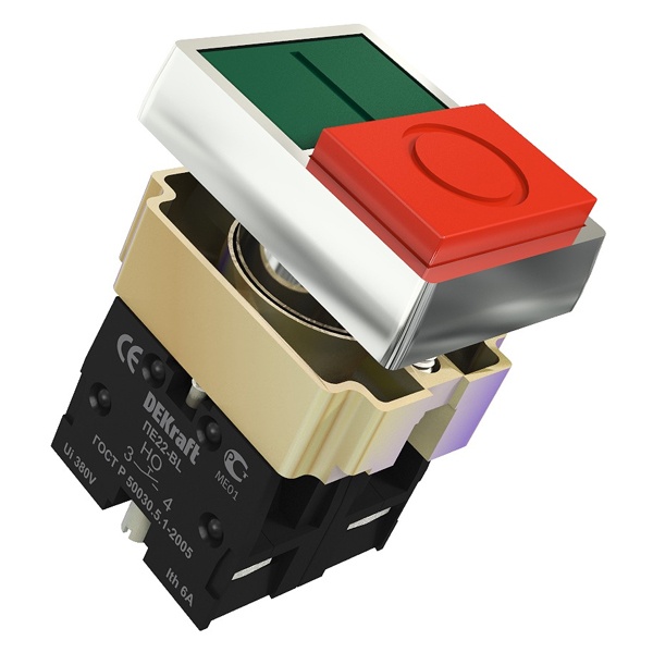 Переключатель DEKraft ПЕ-22-BL I-O D22мм 10А 1НО+1НЗ зеленый+красный IP54