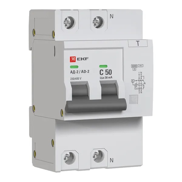 Дифференциальный автомат EKF АД-2 2P C50А 30мА тип АС однофазный электронный 6кА 3 модуля (дифавтомат, АВДТ)