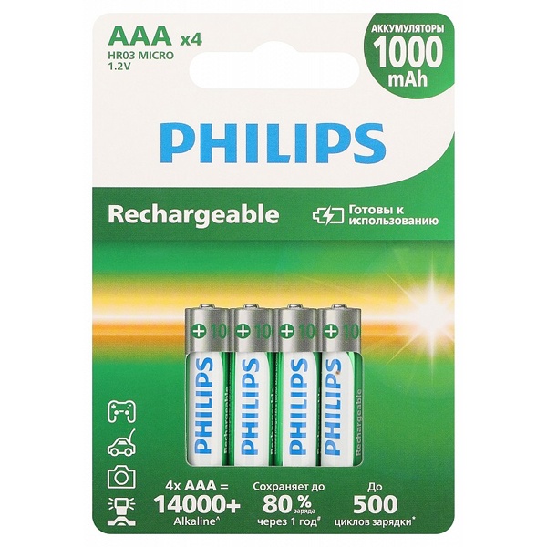 Аккумулятор Philips AAA HR03 1,2V NiMH 1000mAh никель-металлгидридные R03B4RTU10/51 (упаковка 4шт)