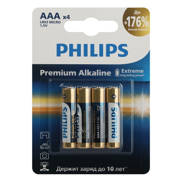 Батарейка Philips AAA LR03 алкалиновая 1,5V LR03M4W/51 Premium (упаковка 4шт) 24895229154333