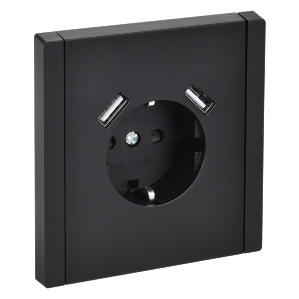 Розетка с зарядкой ИЭК FORTE&PIANO FP145 2Р+Е 16А шторки USB A+A 3,1А черный