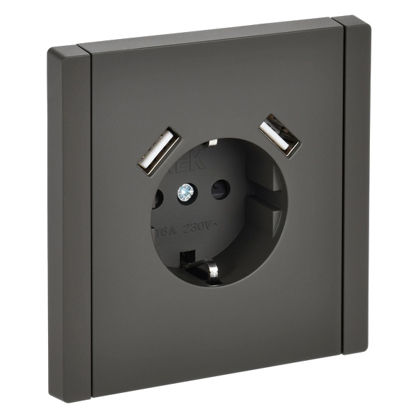 Розетка с зарядкой ИЭК FORTE&PIANO FP345 2Р+Е 16А шторки USB A+A 3,1А серый
