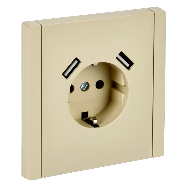Розетка с зарядкой ИЭК FORTE&PIANO FP445 2Р+Е 16А шторки USB A+A 3,1А ваниль