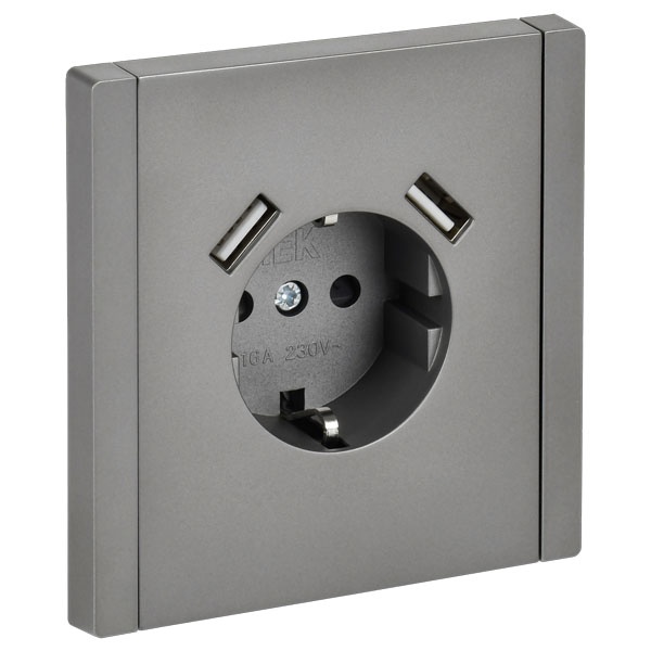 Розетка с зарядкой ИЭК FORTE&PIANO FP545 2Р+Е 16А шторки USB A+A 3,1А сталь