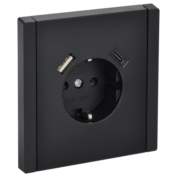 Розетка с зарядкой ИЭК FORTE&PIANO FP147 2Р+Е 16А шторки USB A+C 18Вт черный