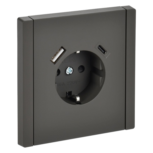 Розетка с зарядкой ИЭК FORTE&PIANO FP347 2Р+Е 16А шторки USB A+C 18Вт серый