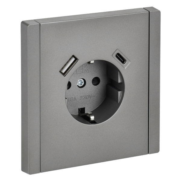 Розетка с зарядкой ИЭК FORTE&PIANO FP547 2Р+Е 16А шторки USB A+C 18Вт сталь