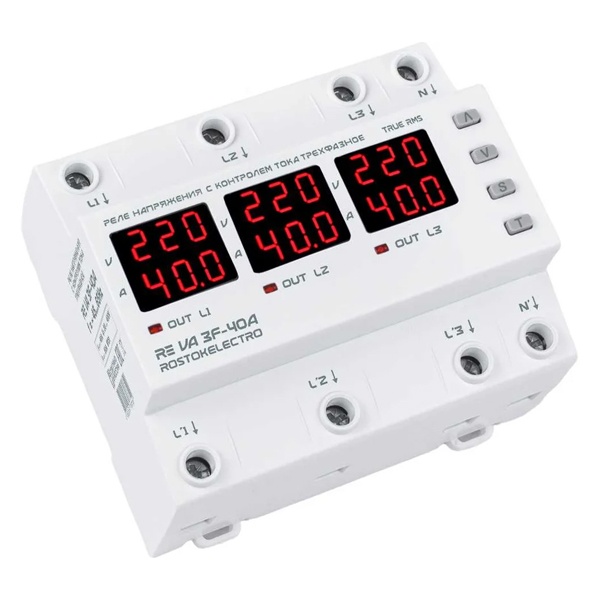 Трехфазное реле контроля напряжения c контролем тока Rostokelectro RE VA3F-40A на DIN-рейку