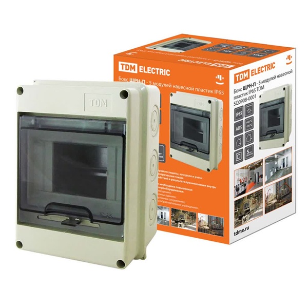 Щит навесной TDM ЩРН-П-5 (1x5) модулей пластик клеммники IP65 серый (электрический шкаф)