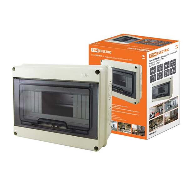 Щит навесной TDM ЩРН-П-8 (1x8) модулей пластик клеммники IP65 серый (электрический шкаф)