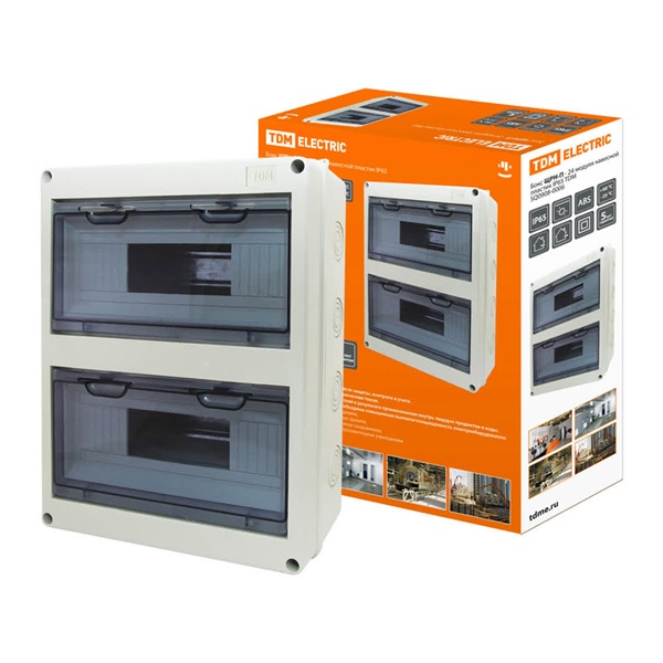 Щит навесной TDM ЩРН-П-24 (2x12) модулей пластик клеммники IP65 серый (электрический шкаф)