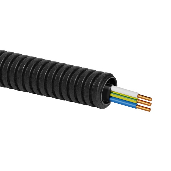 Труба гофрированная ПНД TDM 20мм черная с кабелем ВВГ-Пнг(А)-LS 3х2,5ок(N,PE) РЭМЗ ГОСТ 50м (гофра для кабеля)