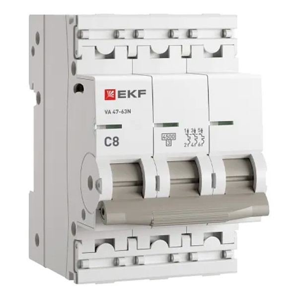Автоматический выключатель EKF PROxima ВА 47-63N 8А 3P C 4,5кА (автомат электрический)