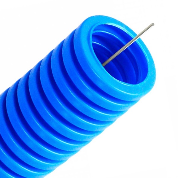 Труба гофрированная ПП Промрукав 20 мм лёгкая 350 Н негорючая НГ с протяжкой синяя [бухта 100м] (гофра для кабеля)