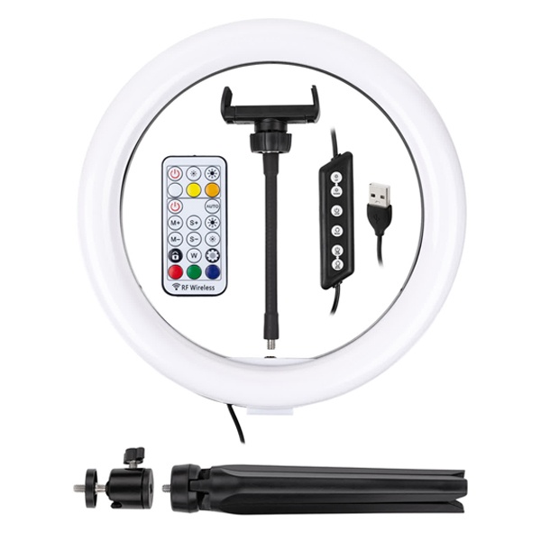 Лампа кольцевая светодиодная 16W 2700-6400K/RGB 30см настольный штатив ПДУ/диммер крепление телефона
