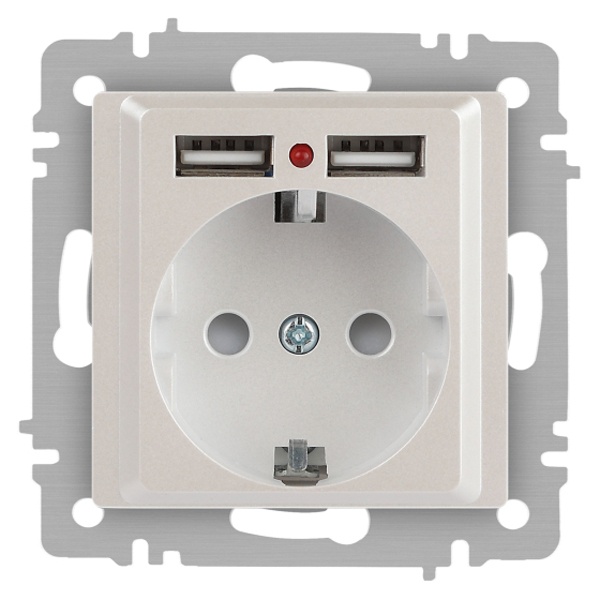 Розетка Intro Accent 2P+E Schuko со шторками 16А-250В + 2хUSB IP20 перламутр 6-410-06
