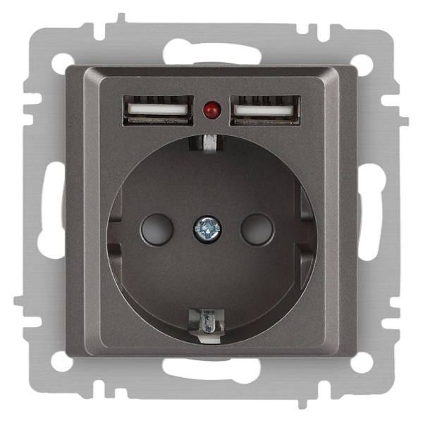 Розетка Intro Accent 2P+E Schuko со шторками 16А-250В + 2хUSB IP20 титан 6-410-09