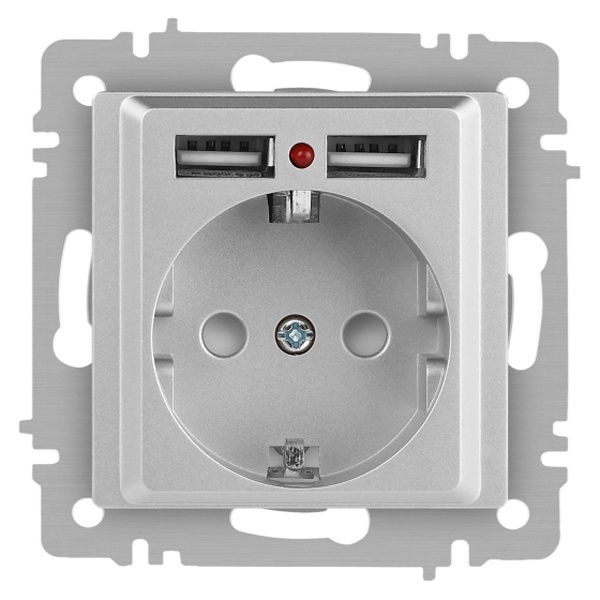 Розетка Intro Accent 2P+E Schuko со шторками 16А-250В + 2хUSB IP20 алюминий 6-410-03
