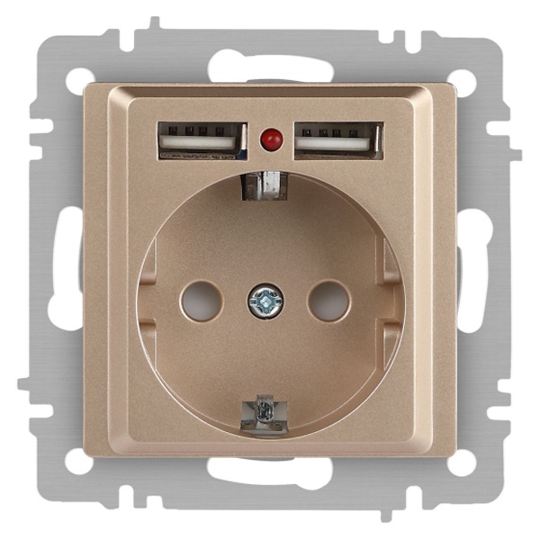 Розетка Intro Accent 2P+E Schuko со шторками 16А-250В + 2хUSB IP20 шампань 6-410-04