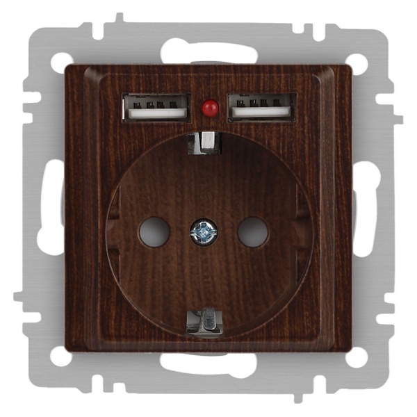 Розетка Intro Accent 2P+E Schuko со шторками 16А-250В + 2хUSB IP20 венге 6-410-10