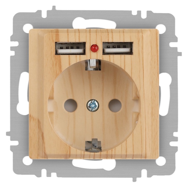 Розетка Intro Accent 2P+E Schuko со шторками 16А-250В + 2хUSB IP20 сосна 6-410-11