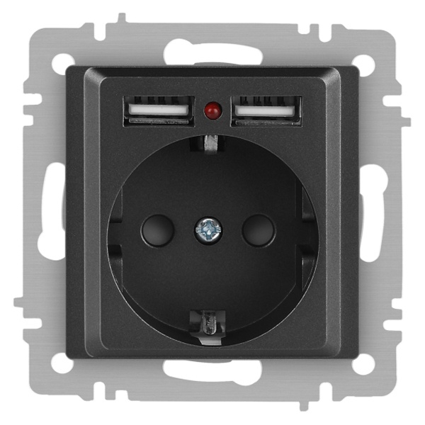 Розетка Intro Accent 2P+E Schuko со шторками 16А-250В + 2хUSB IP20 графит 6-410-07