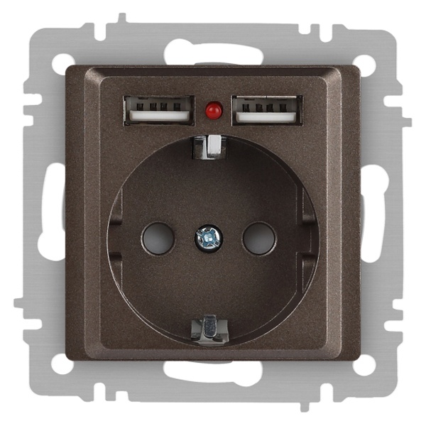 Розетка Intro Accent 2P+E Schuko со шторками 16А-250В + 2хUSB IP20 бронза 6-410-08