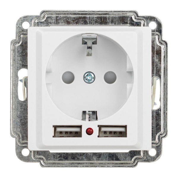 Розетка Intro Accent 2P+E Schuko со шторками 16А-250В + 2хUSB IP20 белый 6-410-01