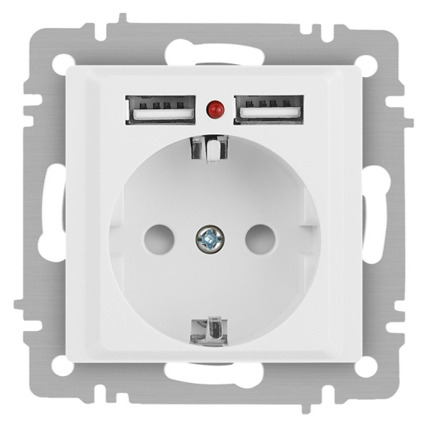 Розетка Intro Accent 2P+E Schuko со шторками 16А-250В + 2хUSB IP20 белый матовый 6-410-01М
