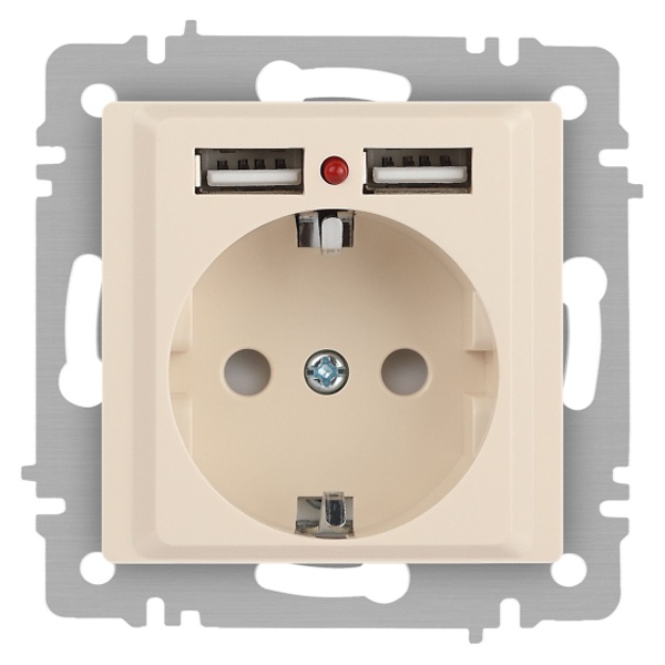 Розетка Intro Accent 2P+E Schuko со шторками 16А-250В + 2хUSB IP20 слоновая кость 6-410-02 (бежевый)