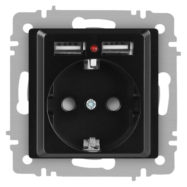 Розетка Intro Accent 2P+E Schuko со шторками 16А-250В + 2хUSB IP20 антрацит 6-410-05