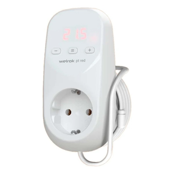 Терморегулятор Welrok pt red датчик 2м в розетку цифровой красная индикация 16А 3000Вт 0-30 °С белый