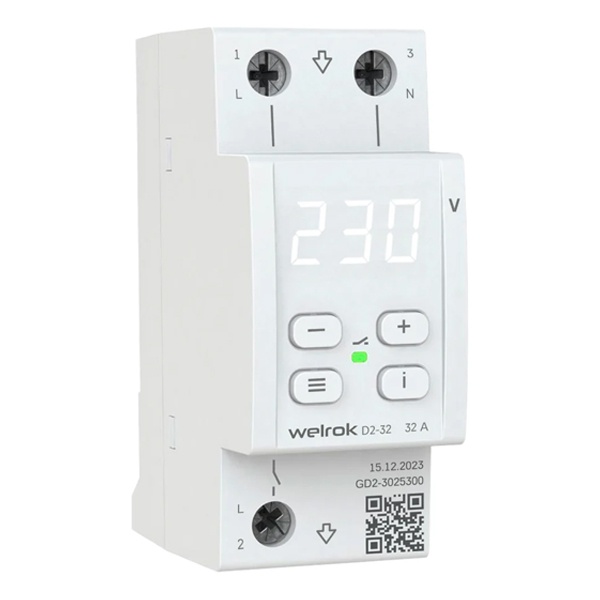 Реле контроля напряжения Welrok D2-32 1Ф 32А (max 40A) 7000ВА белый 2м