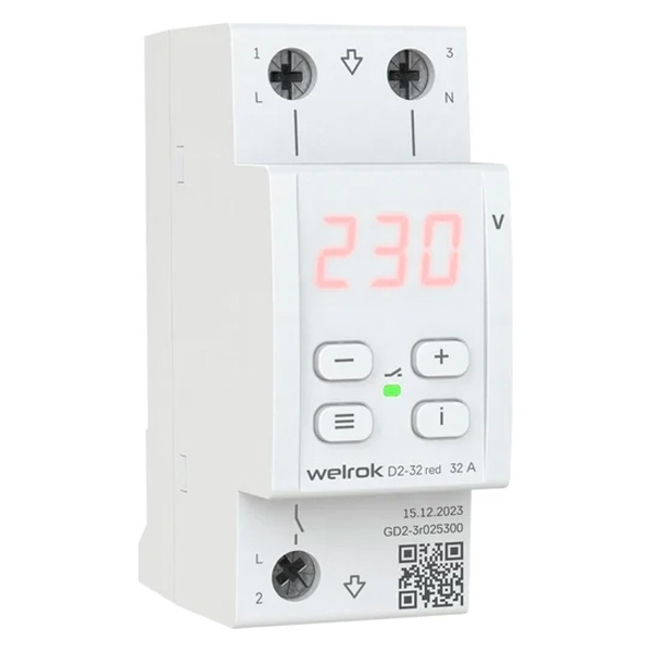 Реле контроля напряжения Welrok D2-32 red 1Ф 32А (max 40A) 7000ВА белый 2м