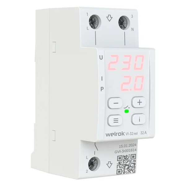 Многофункциональное реле контроля напряжения и тока Welrok VI-32 red 1Ф 32А (max 40A) 7360ВА белый