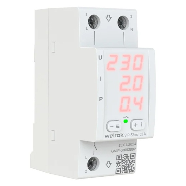 Многофункциональное реле контроля напряжения и тока Welrok VIP-32 red 1Ф 32А (max 40A) 7360ВА белый