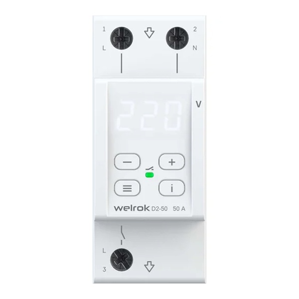 Реле контроля напряжения Welrok D2-50 1Ф 50А (max 60A) 11000ВА белый 2м