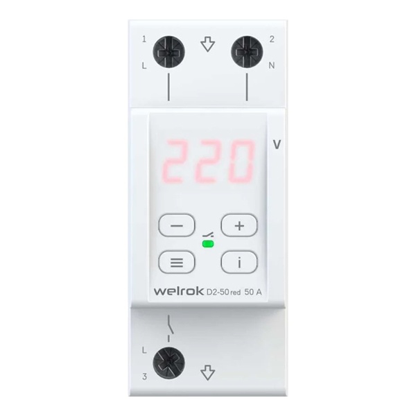 Реле контроля напряжения Welrok D2-50 red 1Ф 50А (max 60A) 11000ВА белый 2м