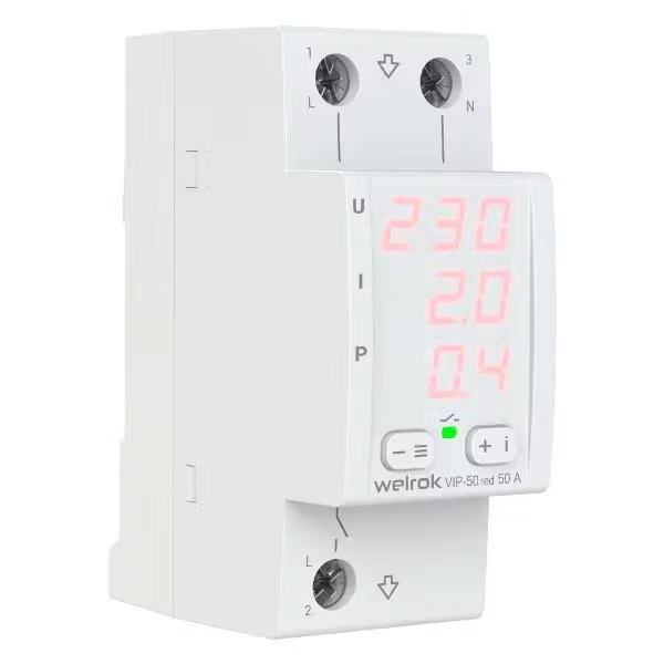 Многофункциональное реле контроля напряжения и тока Welrok VIP-50 red 1Ф 50А (max 60A) 11500ВА белый
